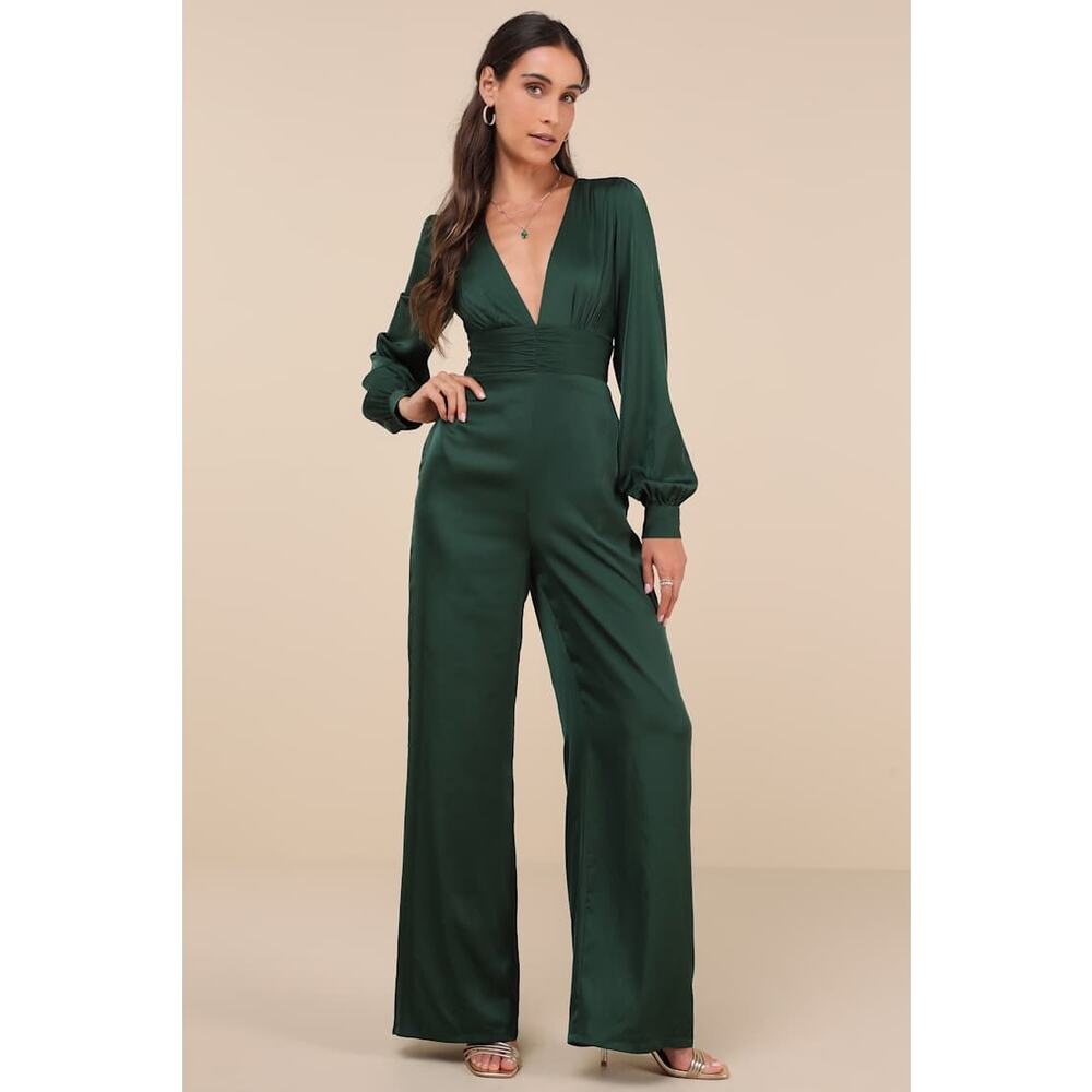 NWT Lulus Unbelievable Chicness Green Satin Long Sleeve Wide-Leg Jumpsuit Size L